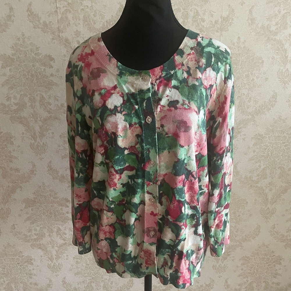 Talbots Green and Pink Floral Button Down Cardigan